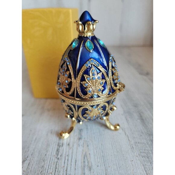 Dark blue enameled egg trinket box rhinestone Easter home decor - Picture 3 of 9